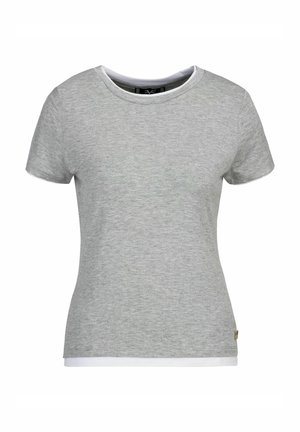 Grijze kortärmige t-shirt van een zachte katoenmix, met een ronde hals en witte bies aan de kraag en zoom, voorzien van een klein merklabel aan de zijkant.