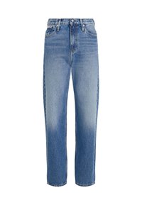 Jeans de mezclilla azul de tiro alto con un diseño de pierna recta, detalles de desgaste y un estilo clásico de cinco bolsillos. Terminados con un cierre de botón.