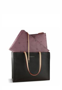 Sac fourre-tout en simili cuir noir avec des poignées crème, comprenant une petite trousse de maquillage prune avec un motif géométrique et une fermeture zippée sur le dessus.