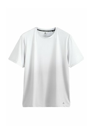 T-shirt blanc à manches courtes en tissu texturé. Il présente un col rond et un petit logo sur le bas. Design simple et épuré.