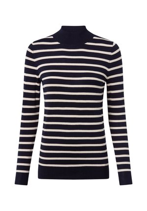 Sweter w paski w kolorze granatowym i kremowym, z wysokim kołnierzem, długimi rękawami i dopasowanym krojem. Wykonany z gładkiej dzianiny.