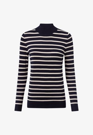 Navy and cream striped sweater with a high neck, long sleeves, and a fitted design. Made from a smooth knit fabric.