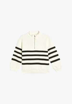 Hvid zip-up sweatshirt med sorte vandrette striber på ærmerne og kroppen, med ribbede manchetter og krave, lavet af blødt stof.