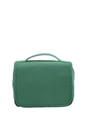 Petit sac de toilette de voyage rectangulaire vert avec poignée supérieure et tissu à motif quadrillé, fermé par un rabat.