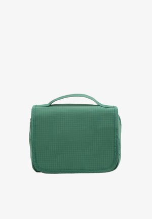 Kleine rechthoekige groene reistoilettas met bovenhandvat en stof met ruitjespatroon, gesloten met een flap.