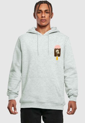 Gray hoodie with a front pocket, featuring a colorful palm tree graphic on the left chest area. Soft fabric and drawstring hood.