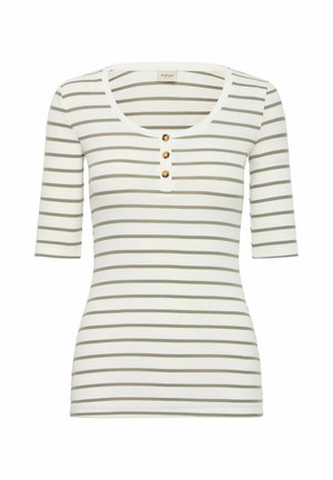 Valge ja heledashall triibuline särk lühikeste varrukatega, ümar kaelus ja kolm kuldset nööpi ees. Valmistatud ribakudumist.