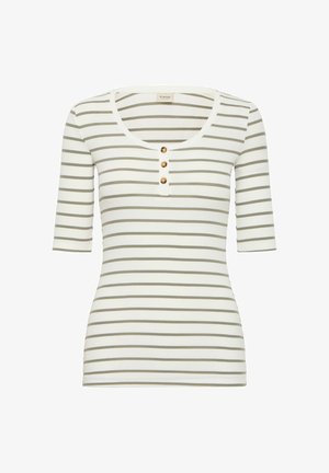 Valge ja heledashall triibuline särk lühikeste varrukatega, ümar kaelus ja kolm kuldset nööpi ees. Valmistatud ribakudumist.