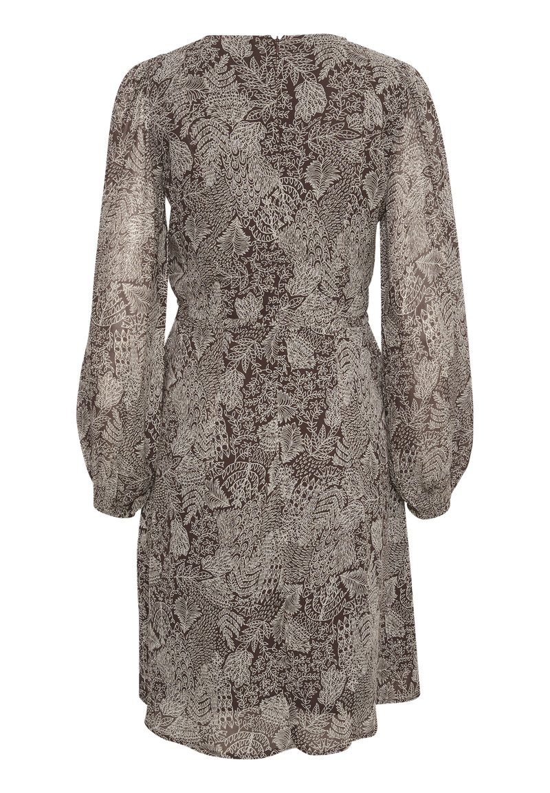 Braunes Kleid mit langen Puffärmeln und einem hellbeigen, aufwendigen floralen und Blattmuster, das einen Taillengürtel und einen knielangen Saum bietet.