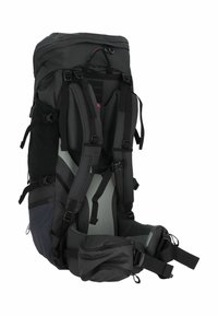 Zwarte rugzak met ergonomische mesh rugsteun, verstelbare schouderbanden, meerdere vakken en een trekkoordsluiting aan de bovenkant.