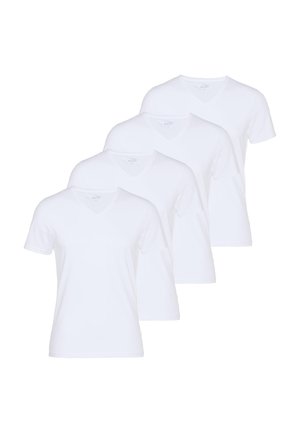 Fire ensfarvede hvide T-shirts med korte ærmer og V-hals arrangeret i overlappende forskudt mønster på en hvid baggrund.