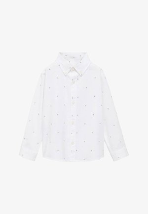 Valkoinen kauluspaita, jossa on pitkät hihat ja pieni kirjailtu kuvio, joka koostuu pisteistä ja timanteista. Materiaali näyttää sileältä ja kevyeltä.