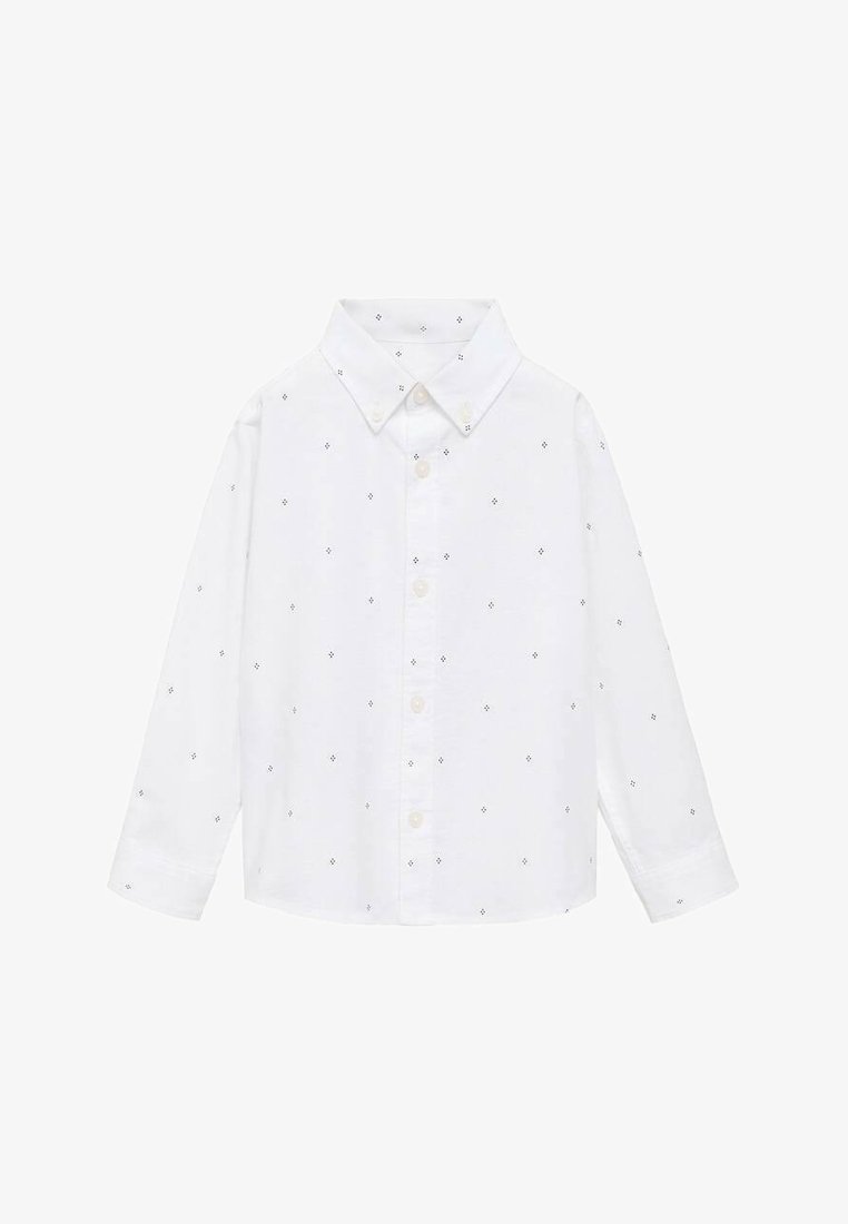 Chemise blanche à boutons avec des manches longues, présentant un petit motif de points et de diamants sur l'ensemble. Le matériau semble lisse et léger.