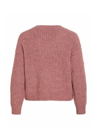 Pull rose en maille à manches longues avec motif côtelé, col rond et ourlet droit vu de dos.