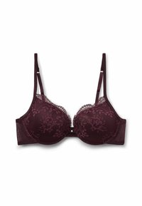 Reggiseno in pizzo viola scuro con motivo floreale, coppe sagomate, spalline regolabili e una piccola perla decorativa al centro davanti.