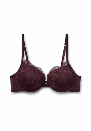 Soutien-gorge en dentelle violette foncée avec motif floral, cups moulés, bretelles réglables, et une petite perle décorative au centre devant.