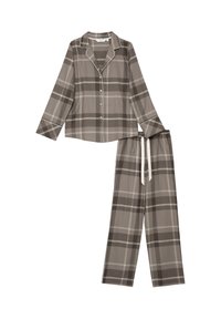 Bruine en beige geruite lange mouwen button-up pyjama top met bijpassende drawstring broeken, witte piping langs de randen.