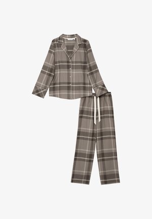 Haut de pyjama à manches longues, à carreaux marron et beige, avec un pantalon assorti à cordon de serrage, garniture blanche le long des bords.