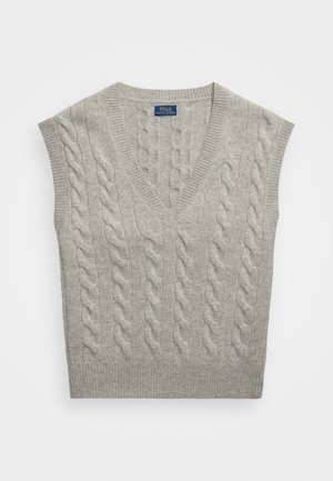 Grå stickad väst med V-ringning, korta ärmar och kabelstickat mönster. Mjuk textur med ribbad fåll som ger detalj.