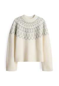 Maglione bianco con scollatura rotonda, caratterizzato da un motivo geometrico grigio chiaro nella parte superiore e un tessuto a maglia testurizzato in tutto il capo.