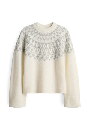 Maglione bianco con scollatura rotonda, caratterizzato da un motivo geometrico grigio chiaro nella parte superiore e un tessuto a maglia testurizzato in tutto il capo.