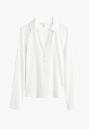 Bílá žebrovaná polokošile s dlouhým rukávem, límečkem a třemi knoflíky na límci, zobrazená naplocho na bílém pozadí.