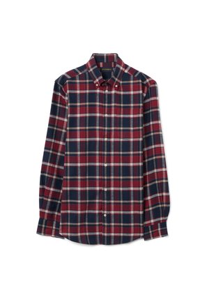 Camicia a maniche lunghe con bottoni in motivo scozzese rosso, blu navy e bianco. Tessuto di cotone, orlo dritto, colletto classico e chiusura con bottoni.