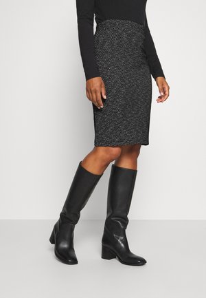 Black fitted pencil skirt with a textured pattern, paired with knee-high black leather boots featuring a block heel.