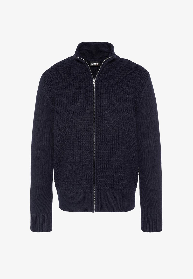 Jersey de cuello alto con cremallera en color azul marino, elaborado en tejido de punto texturizado, con puños y dobladillo acanalados que ofrecen un ajuste ceñido.