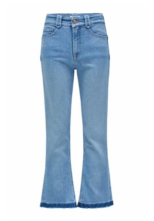 Jeans svasati di colore azzurro chiaro in denim, con vita alta, tasche frontali e dettagli orlo sfilacciato.