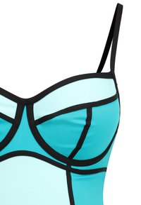 Türkises Bikini-Oberteil mit schwarzen Akzentnähten und dünnen Trägern; mit strukturierten Cups und geometrischen Designelementen. Glattes, dehnbares Material.