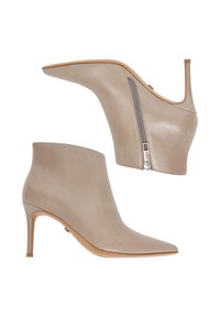 Smelio spalvos odiniai kulkšnių aulinukai su smailiomis nosytėmis, plonais aukštais kulnais ir šoninėmis užtrauktukais, parodyti iš šono ir apačios baltame fone.