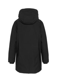 Zwarte waterdichte parka met een hoge kraag, capuchon, lange mouwen met manchetten en een gladde textuur. De achterkant is eenvoudig zonder zichtbare details.