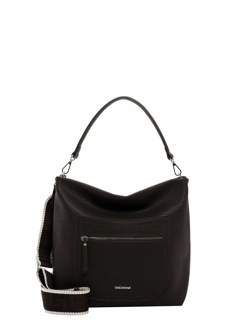 Dark brown leather handbag with a textured surface, featuring a front zip pocket and a detachable strap with a patterned accent.
