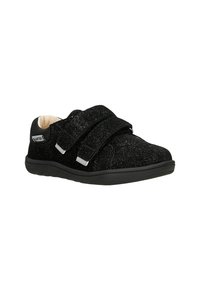 Sneakers neri con parte superiore scintillante, doppie cinghie in Velcro e suola in gomma. Presentano una texture liscia e sottili dettagli in argento.