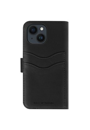 Must musta telefoni kaas objekteeritud tekstuuriga viimistlusega, millel on kaks kaardipesa ja ümarate servade kujundus. Brändi nimi on all reljeefselt graveeritud.