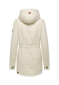 Beige hoodie met een tailleband met trekkoord, lange mouwen en drukknoopmanchetten; voorzien van een bruin leren logo accent.