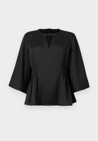 Zwarte blouse met een ronde hals en een sleutelgatdetail, met geplooide zijkanten, driekwartmouwen en een peplumrand. Glad textuur.