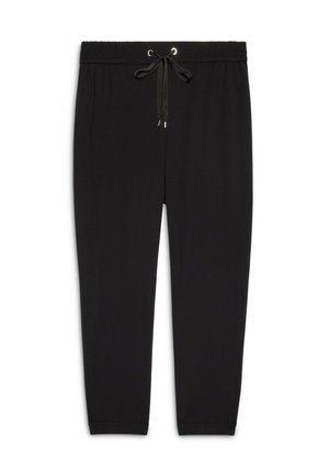 Schwarze Freizeitpants mit elastischem Bund und gebundenem Kordelzug, geraden Beinen und einfachem Saum, auf weißem Hintergrund flach präsentiert.