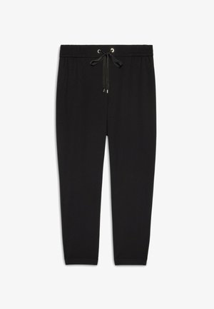 Pantaloni casual neri con elastico in vita e cordino allacciato, gambe dritte e orlo semplice, esposti su uno sfondo bianco uniforme.