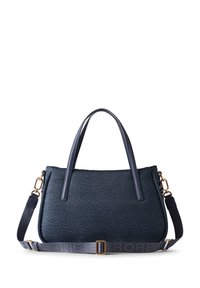 Borsa a tracolla blu navy con texture e dettagli in pelle liscia, dotata di doppio manico e tracolla regolabile. Dettagli in hardware color oro.