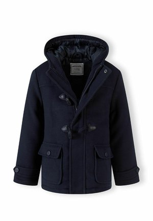 Manteau en mélange de laine bleu marine avec capuche, fermetures à bascule, deux poches avant et doublure matelassée. Comprend des poignets boutonnés et une étiquette à l'intérieur.