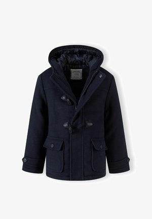 Marineblauwe wollen blend jas met een capuchon, togglesluitingen, twee zakken aan de voorkant en een gevoerde voering. Voorzien van knoopmanschetten en een label aan de binnenkant.