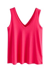 Felroze mouwloze top met een diepe V-hals, gemaakt van zacht katoenen materiaal, met een gladde textuur en een licht afgeronde zoom.