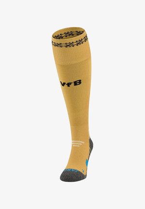Gelber knielanger Sportsocken mit schwarzen und blauen Akzenten und den Buchstaben VFB vorne vor weißem Hintergrund.