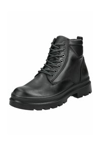 Sorte læder ankelstøvler med en glat tekstur, rund tå, snørebånd foran, polstret krave og en robust gummisål med skridsikkert mønster.