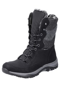 Bota de invierno negra con forro de piel sintética, cuero texturizado y tejido de espiga. Suela resistente con patrón de agarre y parte delantera con cordones.