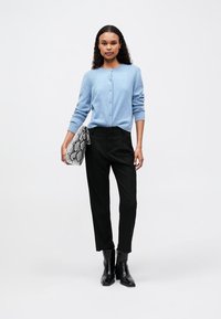 Femeie stând în picioare, purtând un cardigan bleu deschis, pantaloni negri, botine negre, ținând în mână o poșetă clușă cu model de piele de șarpe gri.