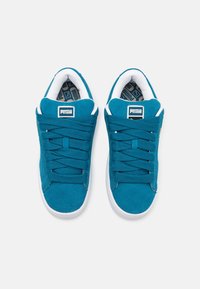 Baskets en daim bleu sarcelle avec semelles en caoutchouc blanches, design à lacets, col rembourré et semelles intérieures imprimées avec logo de la marque sur la languette.