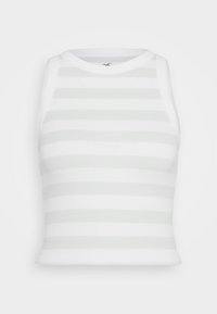 White sleeveless top with horizontal light green stripes. Ribbed texture and fitted design. Round neckline and no visible hardware.